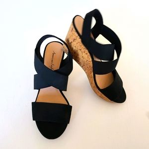 American Eagle black strappy cork wedges.
